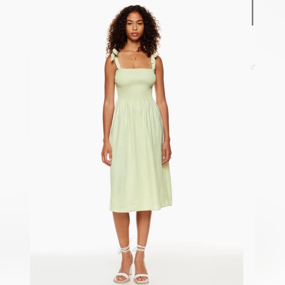 Aritzia Light Green Smocked Midi Dress with Tie Straps